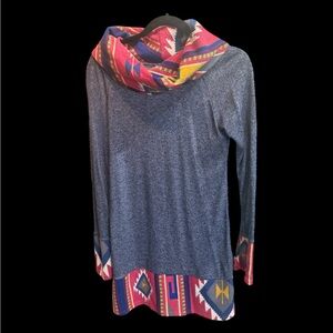 Aztec Trimmed Blue Sweater - Cowl Neck - Size Small- Medium